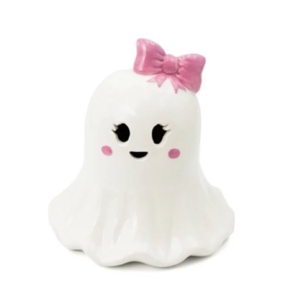 Ceramic LED Figurine Halloween Decor 2025 White Pink Bow Ghost